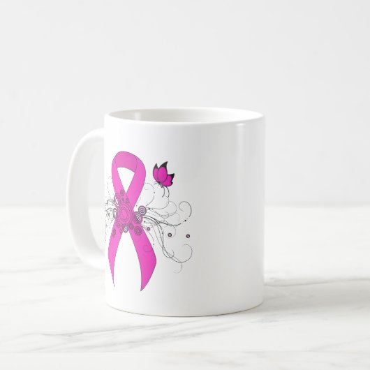 Hot Pink Awareness Ribbon met Butterfly Koffiemok (Voorkant links)
