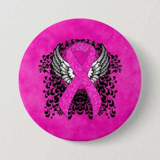Hot Pink Awareness Ribbon met Wings Ronde Button 7,6 Cm (Voorkant)