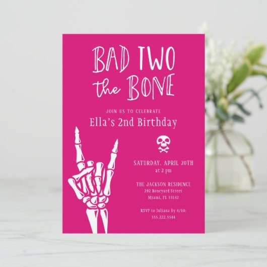 Hot Pink Bad Two The Bone 2e verjaardagsfeestje Kaart (Staand voorkant)