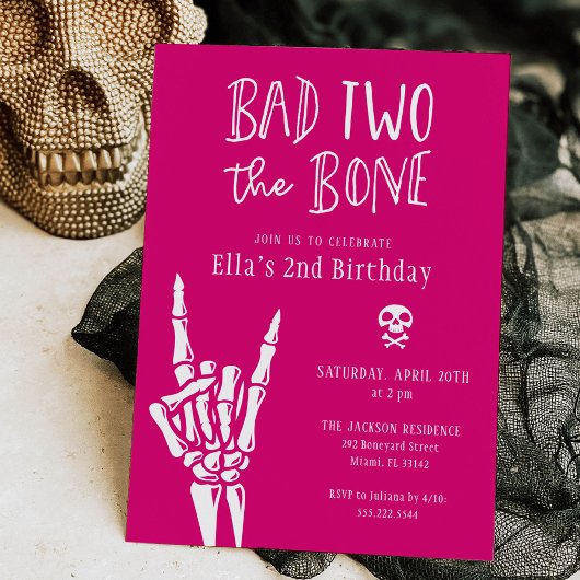 Hot Pink Bad Two The Bone 2e verjaardagsfeestje Kaart