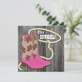 Hot Pink Barn Wood Cowgirl Baby shower Uitnodiging (Staand voorkant)