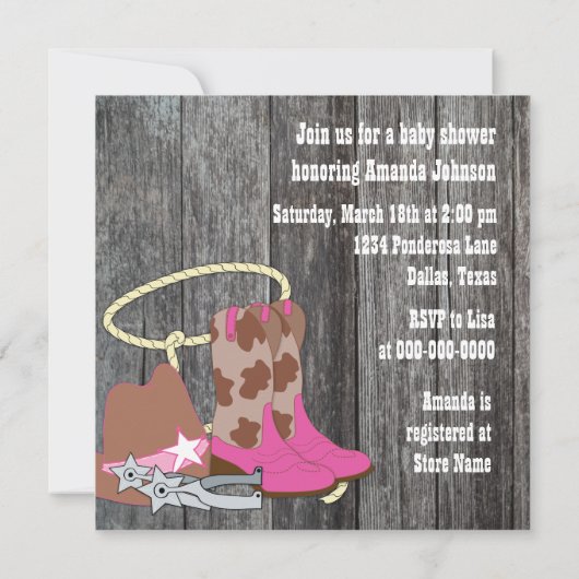 Hot Pink Barn Wood Cowgirl Baby shower Uitnodiging (Achterkant)