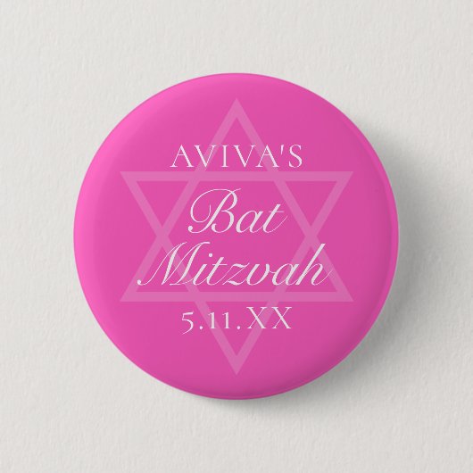 Hot Pink Bat Mitswa Party Ster van David Ronde Button 5,7 Cm (Voorkant)