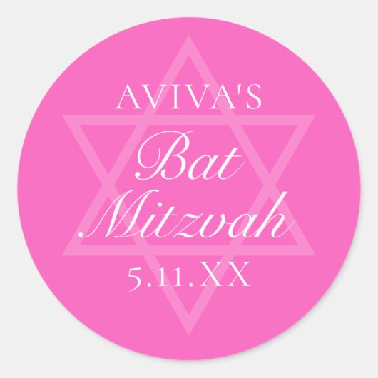 Hot Pink Bat Mitswa Party Ster van David Ronde Sticker (Voorkant)