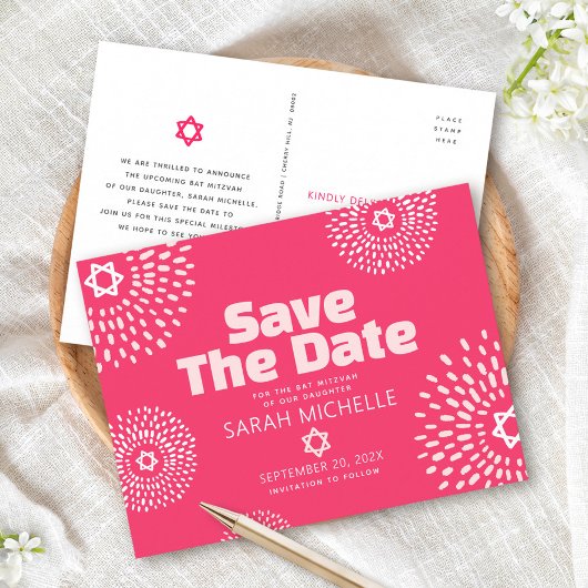 Hot Pink Bat Mitswa Save the Date Starburst Bold Uitnodiging Briefkaart