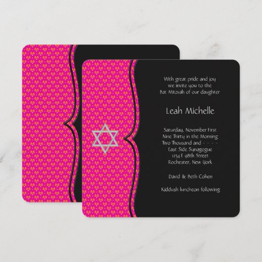 Hot Pink Bat Mitzvah Kaart (Voorkant / Achterkant)