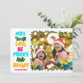 Hot Pink Be Merry Bright Christmas Lights Foto Feestdagenkaart (Staand voorkant)