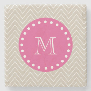 Hot Pink, Beige Chevron   Uw monogram Stenen Onderzetter