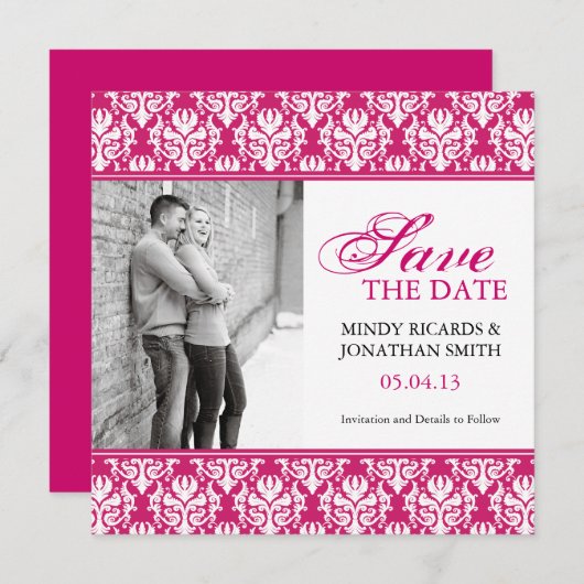 HOT PINK BESPAAR DE DATUM FOTOKAARTEN SAVE THE DATE (Voorkant / Achterkant)