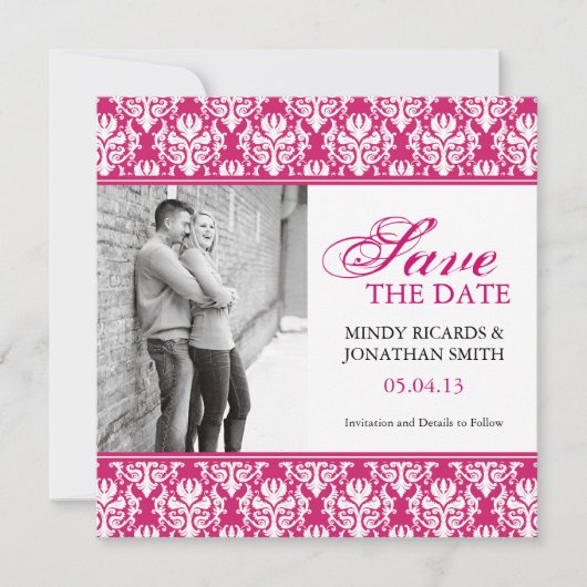 HOT PINK BESPAAR DE DATUM FOTOKAARTEN SAVE THE DATE (Voorkant)