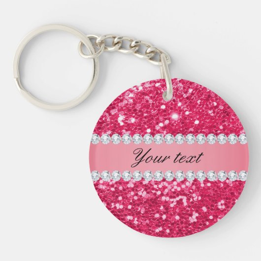 Hot Pink Big Faux Glitter met diamanten Sleutelhanger (Voorkant)
