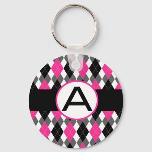 Hot Pink & Black Argyle Monogram Sleutelhanger "A" (Voorkant)