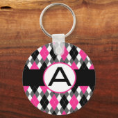 Hot Pink & Black Argyle Monogram Sleutelhanger "A" (Voorkant)