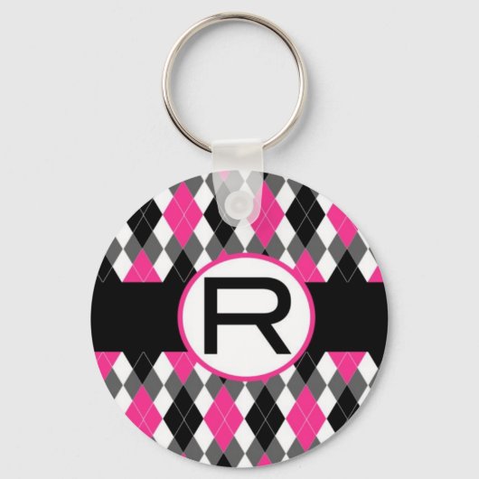 Hot Pink & Black Argyle Monogram Sleutelhanger "R" (Voorkant)