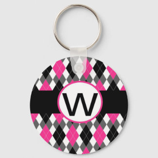 Hot Pink & Black Argyle Monogram Sleutelhanger "W"