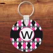 Hot Pink & Black Argyle Monogram Sleutelhanger "W" (Voorkant)