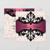 Hot Pink & Black Bloemen Damask Verjaardag Uitnodi Kaart (Voorkant / Achterkant)