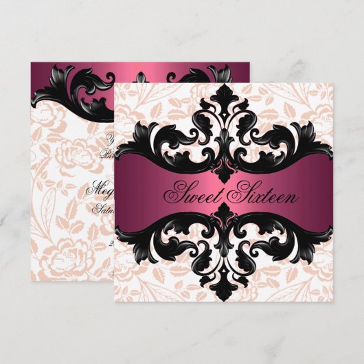 Hot Pink & Black Bloemen Damask Verjaardag Uitnodi Kaart (Voorkant / Achterkant)
