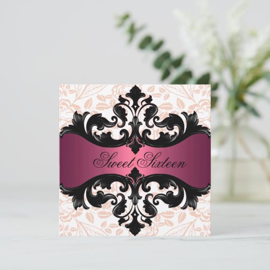 Hot Pink & Black Bloemen Damask Verjaardag Uitnodi Kaart (Staand voorkant)
