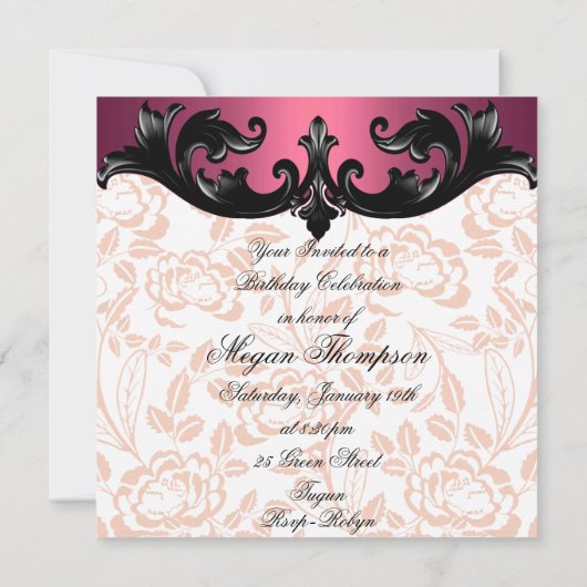 Hot Pink & Black Bloemen Damask Verjaardag Uitnodi Kaart (Achterkant)