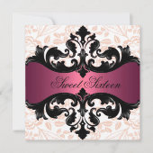 Hot Pink & Black Bloemen Damask Verjaardag Uitnodi Kaart (Voorkant)