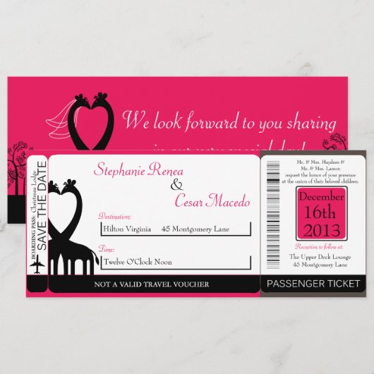 Hot Pink/Black Boarding Pass Weduwen Uitnodiging (Voorkant / Achterkant)