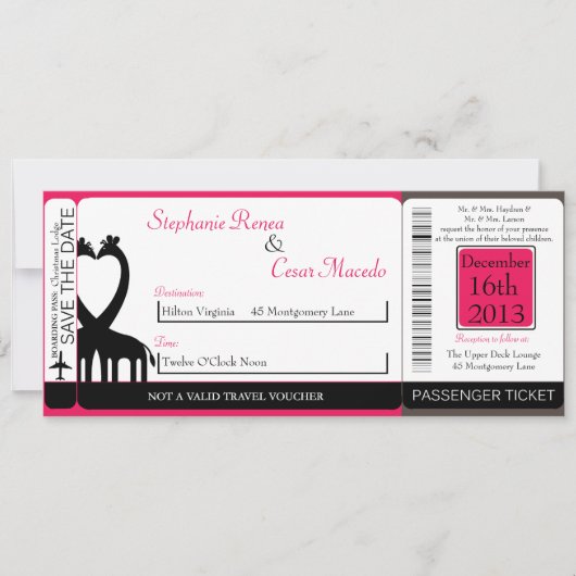 Hot Pink/Black Boarding Pass Weduwen Uitnodiging (Voorkant)