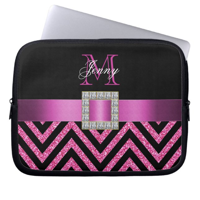 HOT PINK BLACK CHEVRON GLITTER GIRLY LAPTOP SLEEVE (Voorkant)