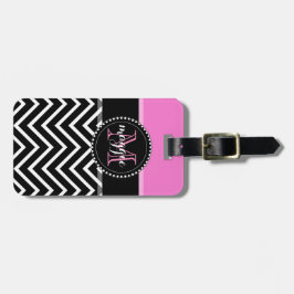 Hot Pink & Black Chevron Zigzag Monogram Bagagelabel