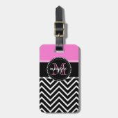 Hot Pink & Black Chevron Zigzag Monogram Bagagelabel (Voorkant verticaal)