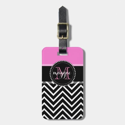 Hot Pink & Black Chevron Zigzag Monogram Bagagelabel (Voorkant verticaal)