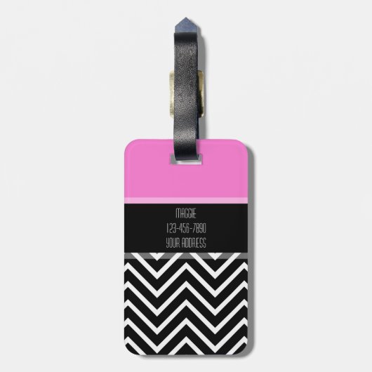 Hot Pink & Black Chevron Zigzag Monogram Bagagelabel (Achterkant verticaal)