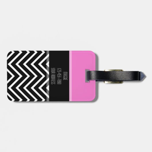 Hot Pink & Black Chevron Zigzag Monogram Bagagelabel (Achterkant horizontaal)