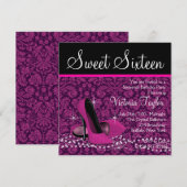 Hot Pink Black Damask High Heels Sweet 16 Party Kaart (Voorkant / Achterkant)
