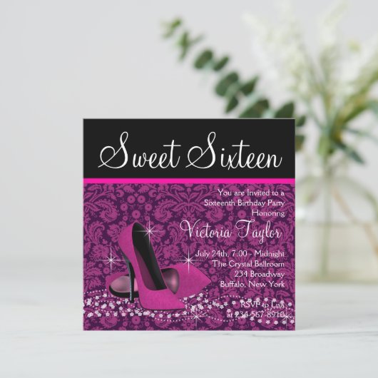 Hot Pink Black Damask High Heels Sweet 16 Party Kaart (Staand voorkant)