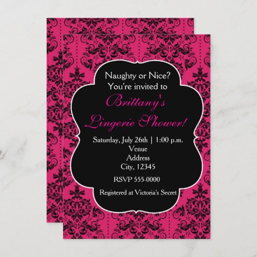 Hot Pink & Black Damask Party Uitnodiging (Voorkant / Achterkant)