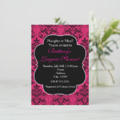 Hot Pink & Black Damask Party Uitnodiging (Staand voorkant)