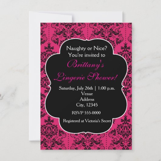 Hot Pink & Black Damask Party Uitnodiging (Voorkant)