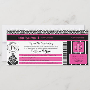 Hot Pink Black Damask Quinceanera instapkaart Kaart