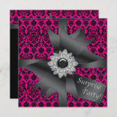 Hot Pink Black Damask Surprise Verjaardagsfeestje Kaart (Voorkant / Achterkant)