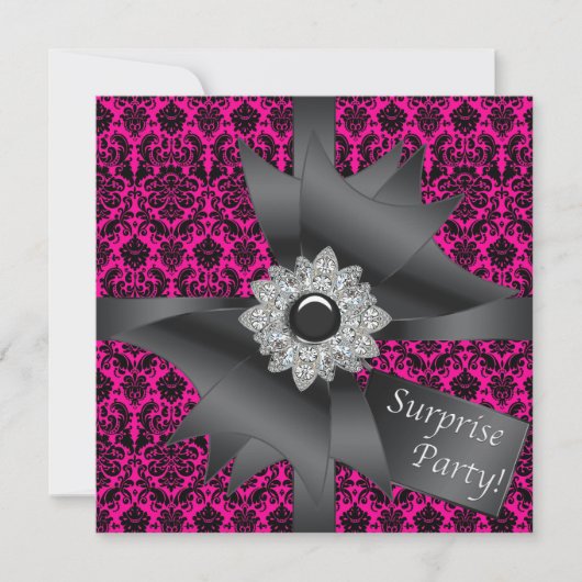 Hot Pink Black Damask Surprise Verjaardagsfeestje Kaart (Voorkant)