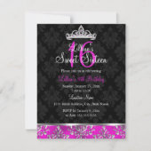 Hot Pink Black Damask Tiara Sweet 16 Invite Kaart (Voorkant)