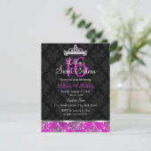 Hot Pink Black Damask Tiara Sweet 16 Invite Kaart (Staand voorkant)
