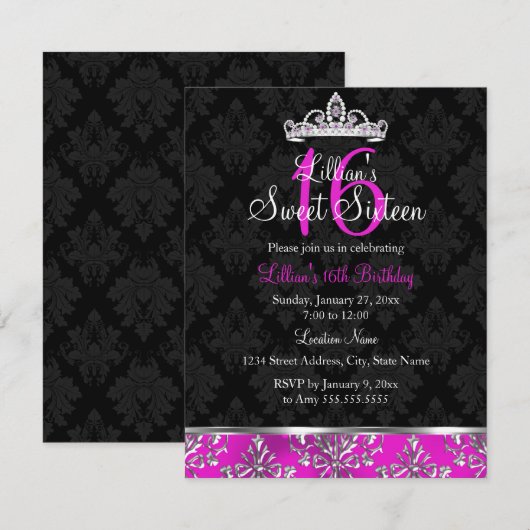 Hot Pink Black Damask Tiara Sweet 16 Invite Kaart (Voorkant / Achterkant)