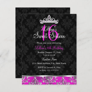 Hot Pink Black Damask Tiara Sweet 16 Invite Kaart
