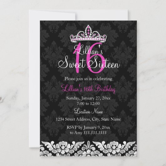 Hot Pink Black Damask & Tiara Sweet 16 Uitnodiging (Voorkant)