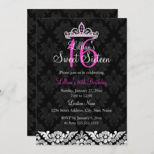 Hot Pink Black Damask & Tiara Sweet 16 Uitnodiging (Voorkant / Achterkant)
