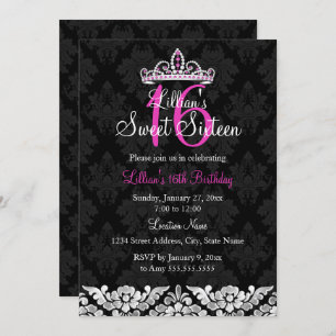 Hot Pink Black Damask & Tiara Sweet 16 Uitnodiging