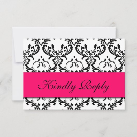 Hot Pink Black Damask Wedding RSVP (Voorkant)