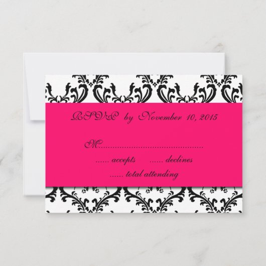 Hot Pink Black Damask Wedding RSVP (Achterkant)